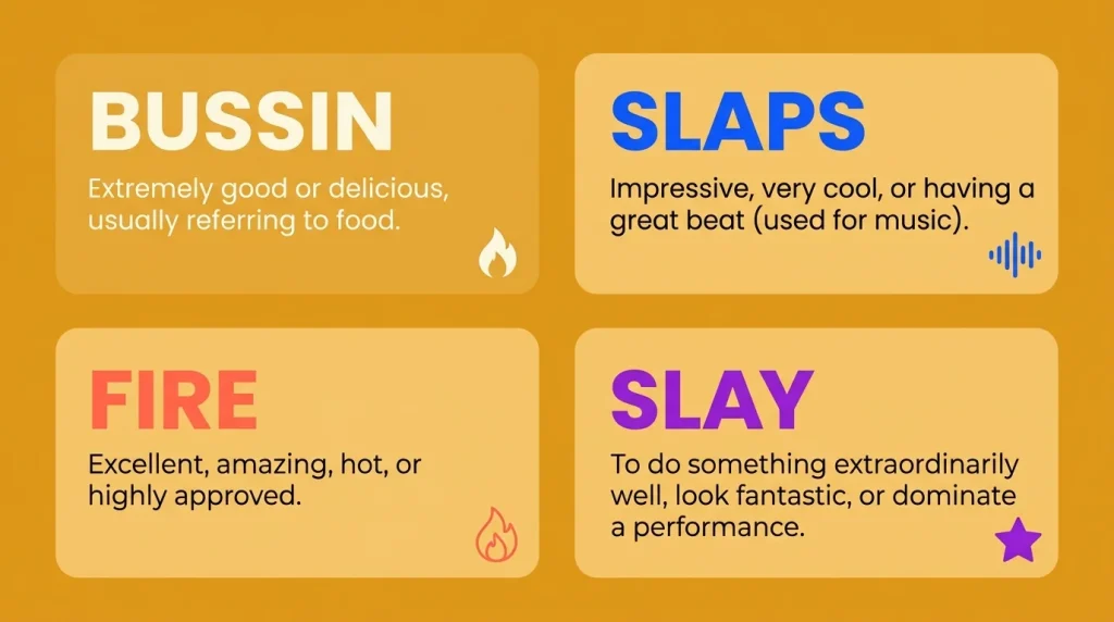 BUSSIN vs SLAPS vs FIRE vs SLAY difference in slang explained